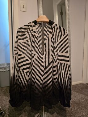 Striped V-Neck Long-Sleeve Blouse in Black and White